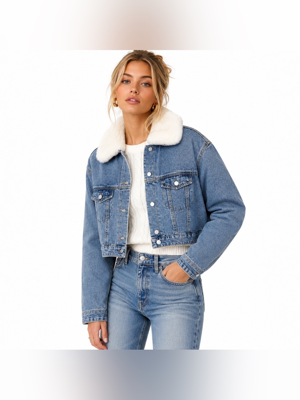 Azalea Wang Faux Fur Lined Cropped Denim Jacket Sherpa Collar Blue S (CKB091)
